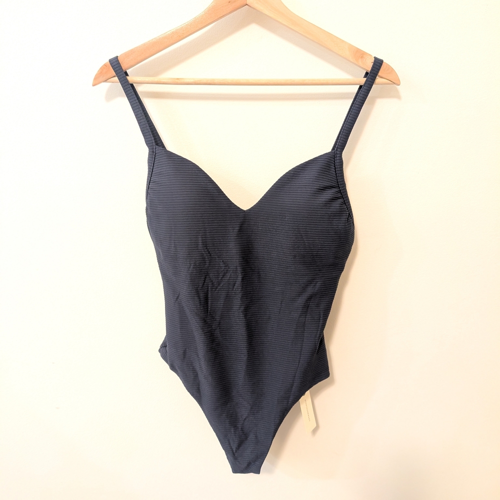 Anthropologie Seafolly Women Summer Sea Navy Ribbed V-Neck One-Piece Swimsuit 8 - Picture 2 of 11